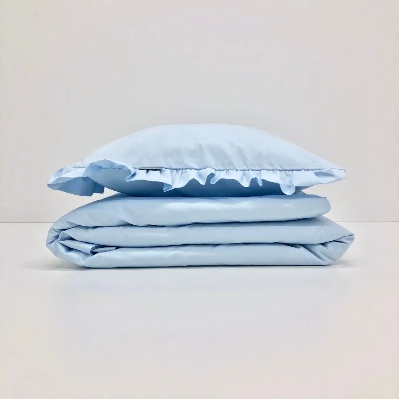Bavlnená posteľná bielizeň s volánikom, modrá