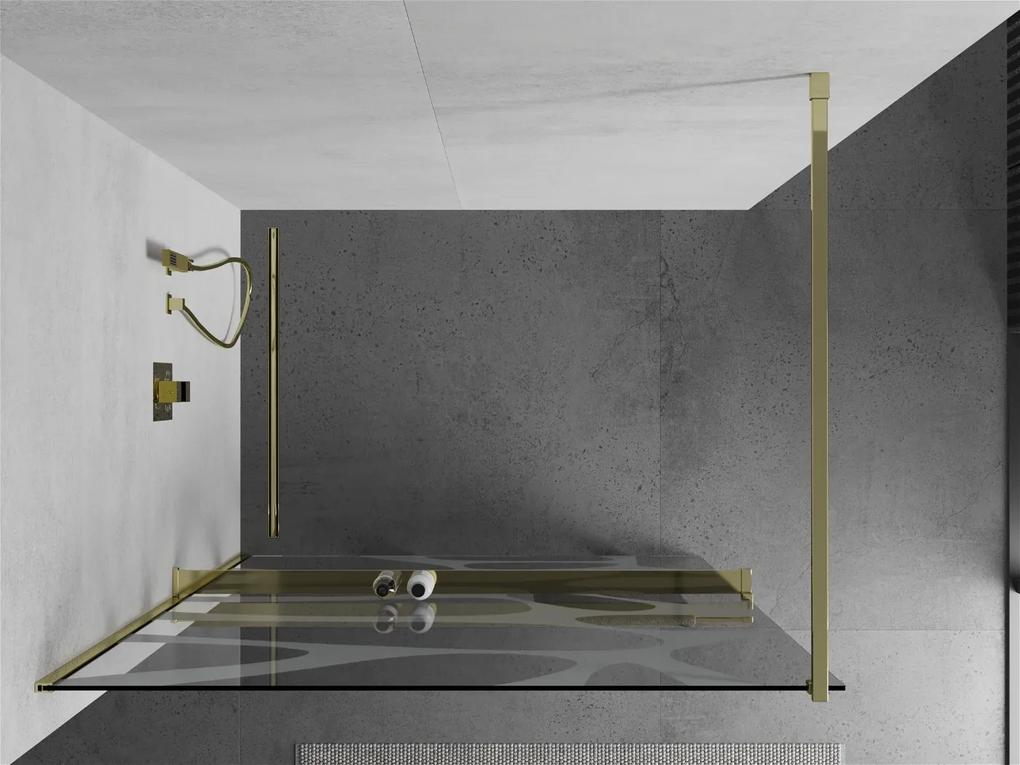 Mexen Kioto+, sprchová zástena s poličkou a držiakom na uteráky 140 x 200 cm, 8mm číre sklo vzor biely, zlatý profil 800-140-121-50-97