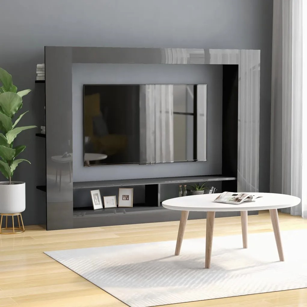 vidaXL TV skrinka, lesklá sivá 152x22x113 cm, drevotrieska