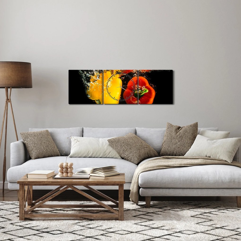 Obraz - papriky vo vode (s hodinami) (90x30 cm)