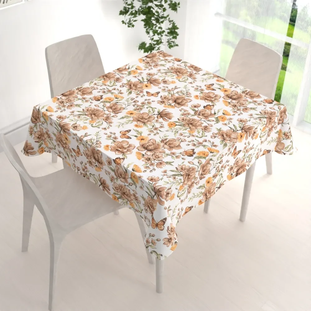 Biante Bavlnený štvorcový obrus Sandra SA-458 Hnedé kvety magnólie s motýlikmi na bielom 100x100 cm
