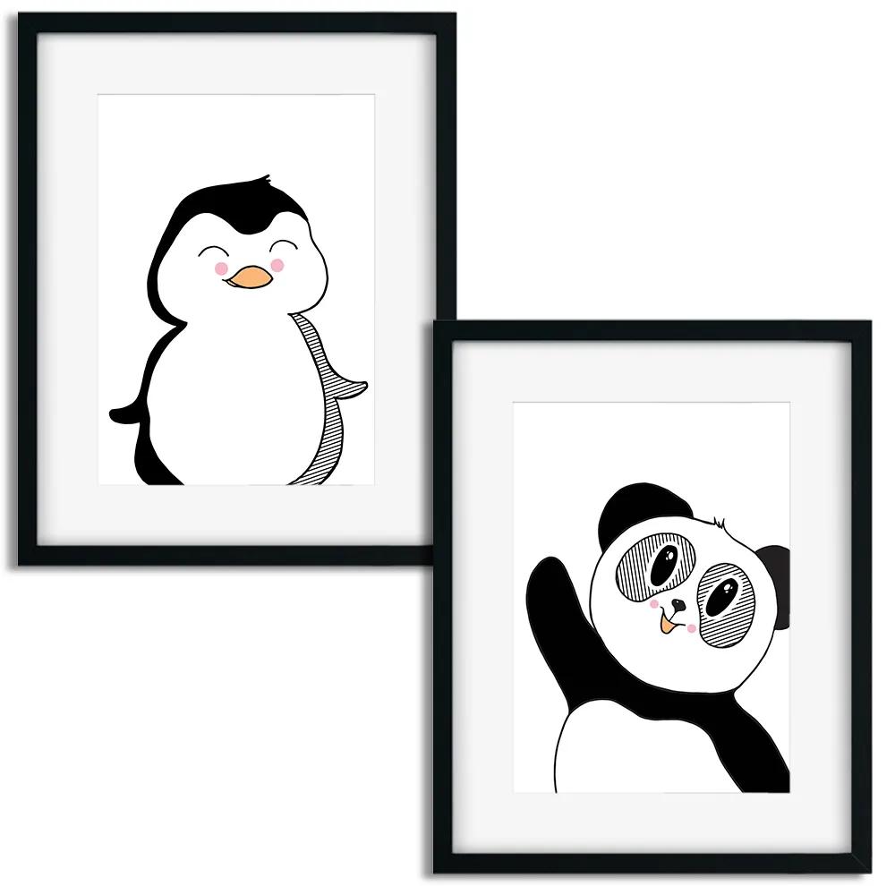 Séria 2 rámovaných obrazov pre deti – Panda a tučniak – A3