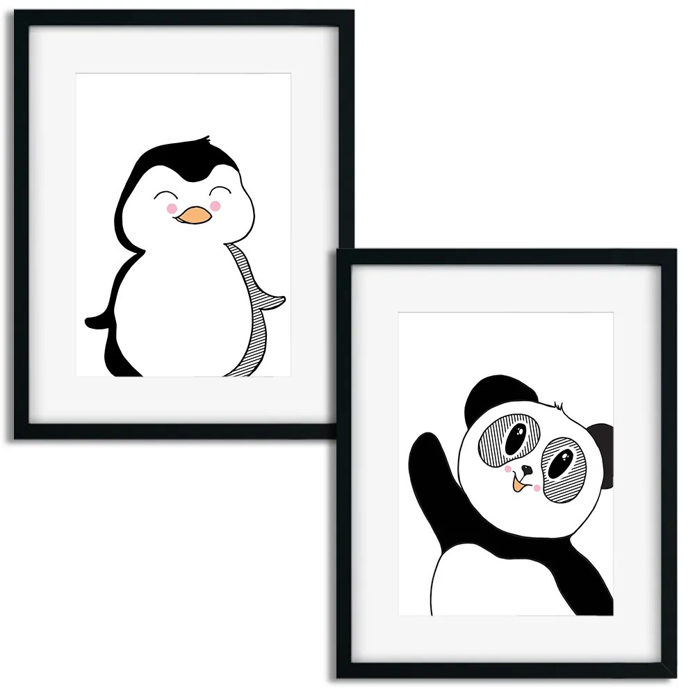 Plagáty pre deti - Čierno biela panda a tučniak - 2 x A3