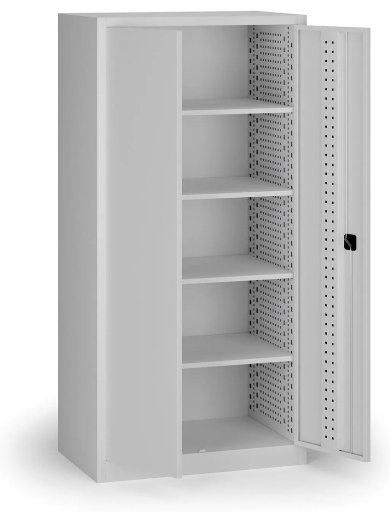 Policová dielenská skriňa na náradie KOVOS, perforovaný panel, 4 police, 950 x 600 x 1950 mm, sivá