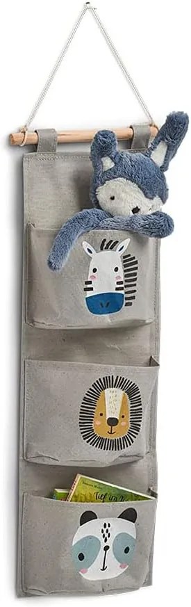 Závesný kapsár, 3 vrecká, drevené madlo, nástenný organizér, motív zvieratá, 20x60