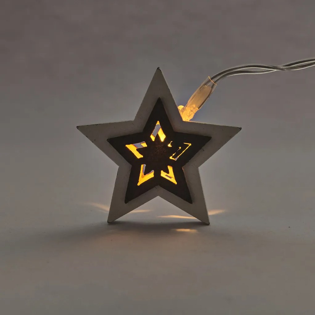 DECOLED LED světelný řetěz na baterie, 10 teple bílých diod, 1,8 m, dřevěné hvězdičky