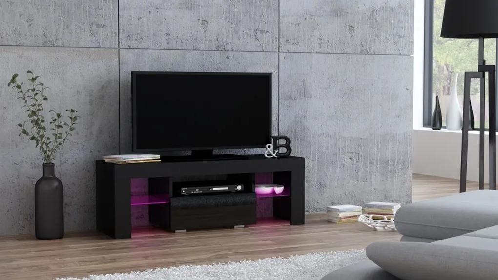 Mazzoni TV stolík MILANO lesklý 110 LED čierny, čierna zásuvka