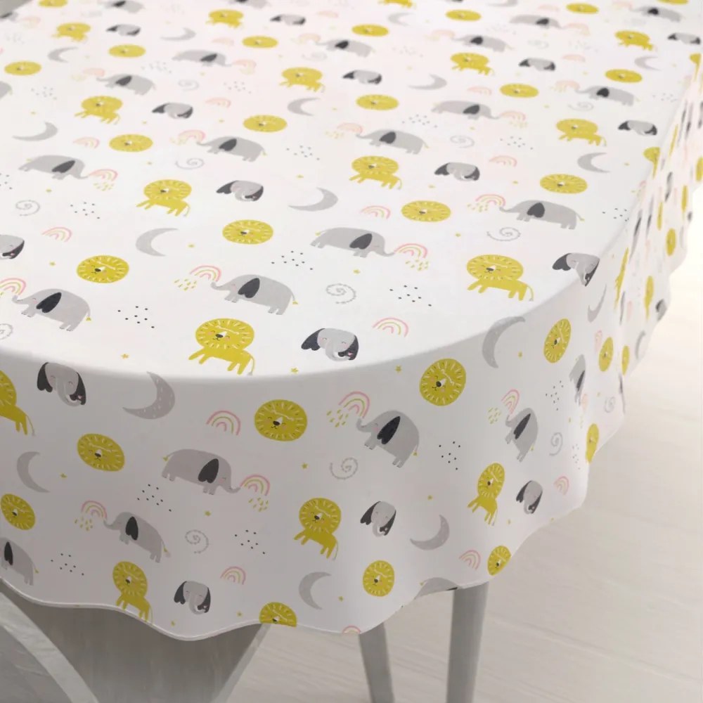 Biante Detský bavlnený oválny obrus Sandra SA-649 Slony a levy na bielom 140x220 cm