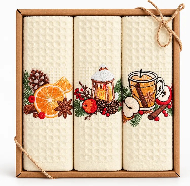 Vianočné vaflové kuchynské utierky 40×60 cm – Vianočné korenie, sada 3 ks