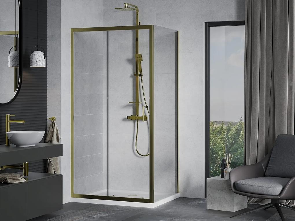 Mexen Apia sprchovací kút s posuvnými dverami 130 (dvere) x 100 (stena) cm, 5mm číre sklo, zlatý profil + biela sprchová vanička SLIM, 840-130-100-50-00-4010G