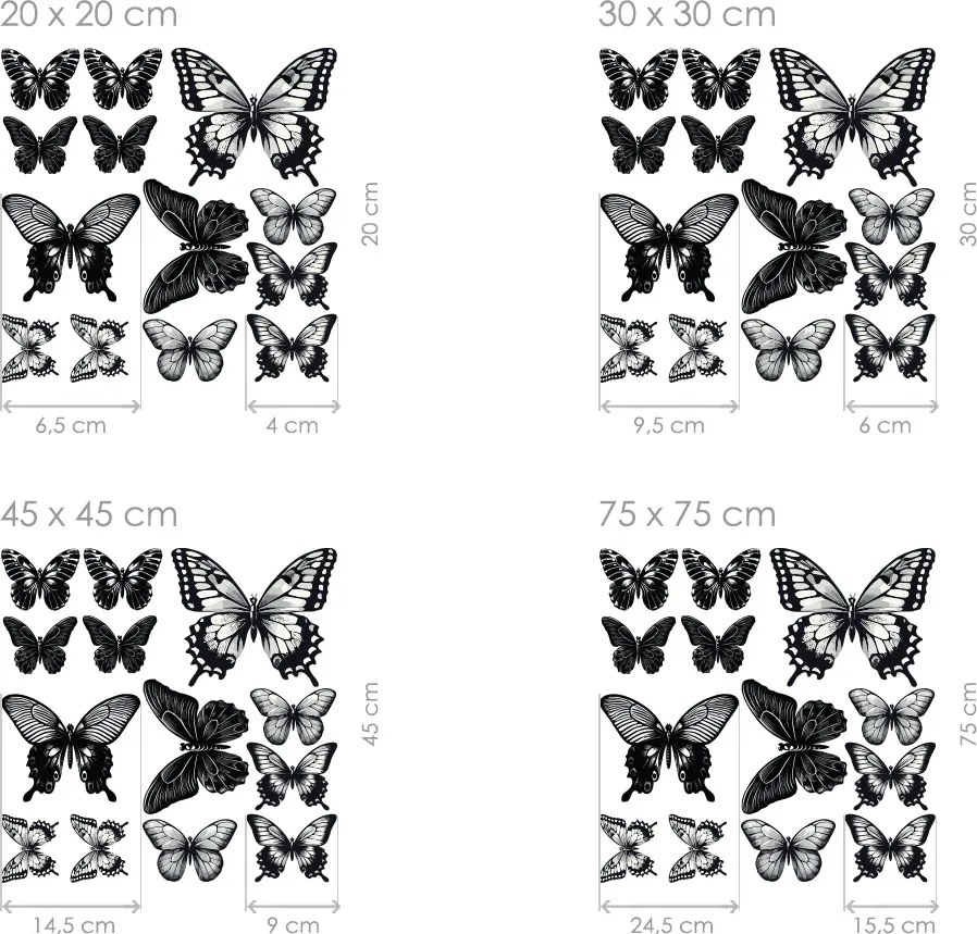 Motýle čierne 13 ks textilní prelepiteľné nálepky na stenu list 30 x 30 cm