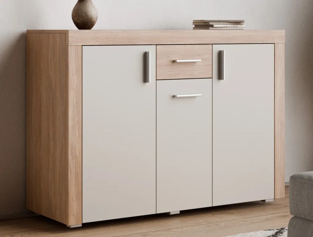 Komoda Pico, 130 cm, dub jantárový/béžová kašmír, s osvetlením