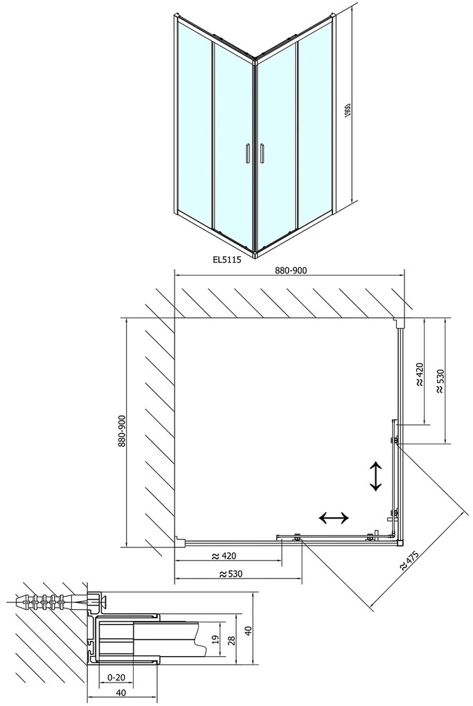 Polysan, EASY LINE štvorcová sprchová zástena 900x900mm, číre sklo, EL5115