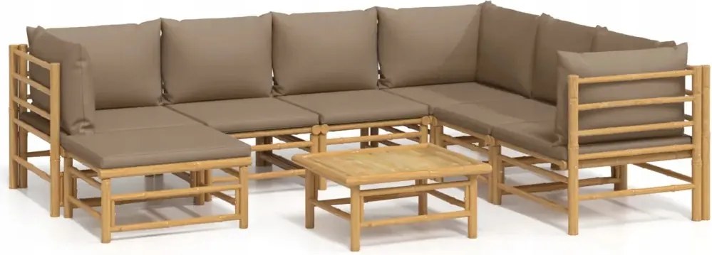 vidaXL 8-dielna sada záhradného nábytku, vankúše vo farbe taupe, bambus