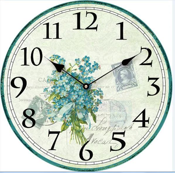 Drevené retro hodiny s kyticou kvetov 29 cm