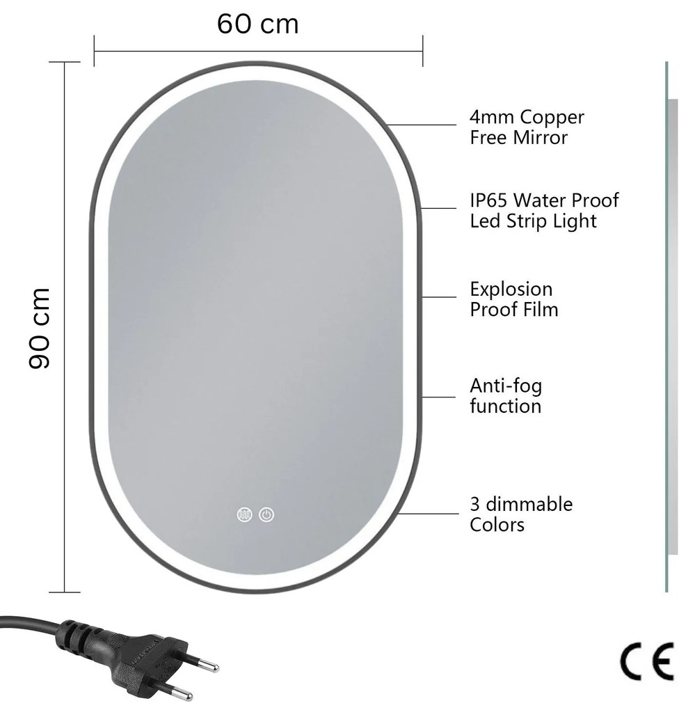 Erga Gwen, oválne LED zrkadlo 60x90cm v čiernom kovovom ráme, 3 farby svetla, predné osvetlenie, vyhrievacia podložka proti zapareniu, ERG-V01-GWEN-6090-BK