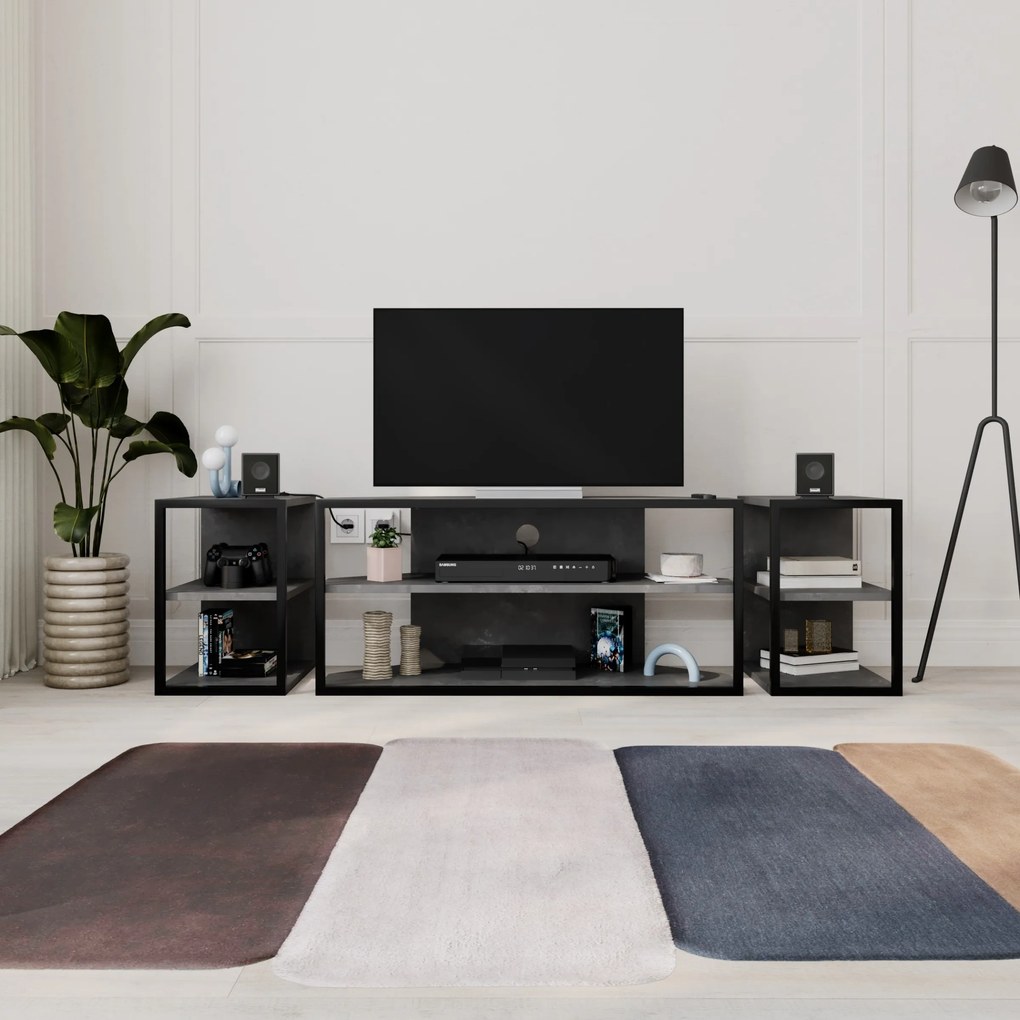 Súprava TV stolíka + 2 ks bočných stolíkov Houseland Echo retro sivá/čierna