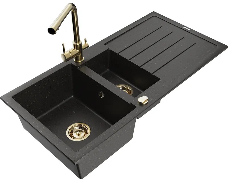 Mexen Andres, granitový drez 1000x500x200 mm, 1,5-komorový + zlatá batéria Duero, čierna-zlatá metalíza, 6515-75-671600-00
