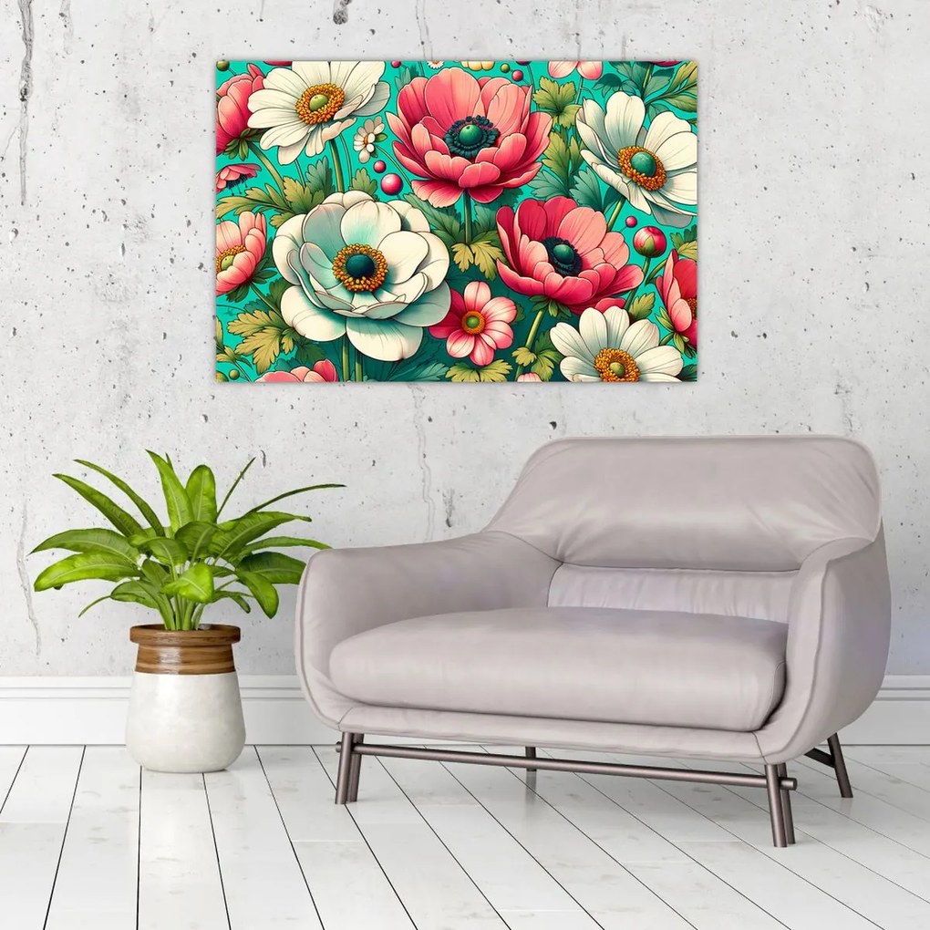 Obraz - Kvety na modrom pozadí (90x60 cm)