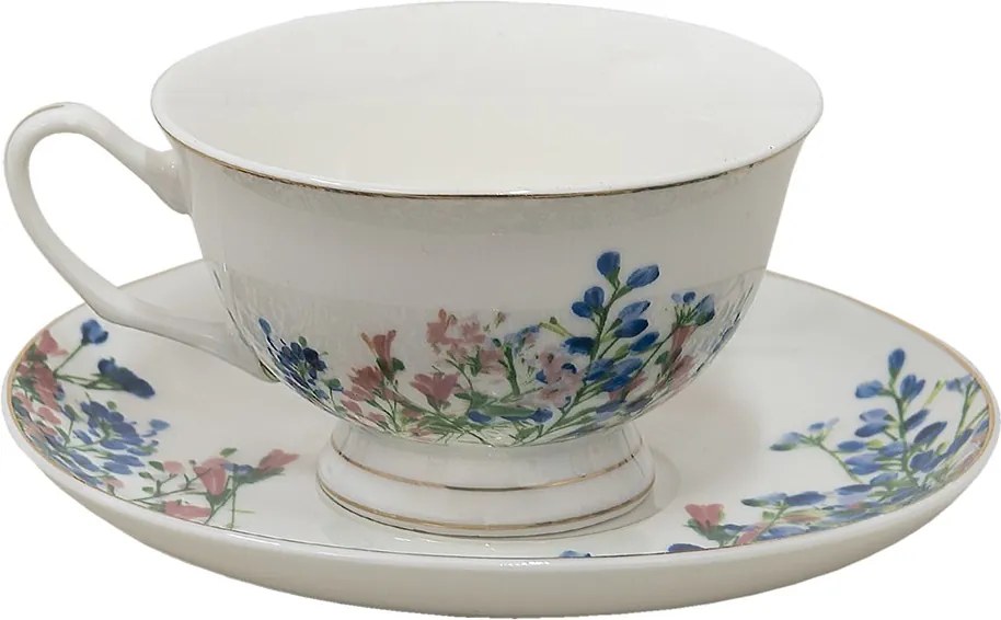 Porcelánová šálka s tanierikom a kvetmi - 12*10*6 cm / Ø 15*2 cm / 250 ml