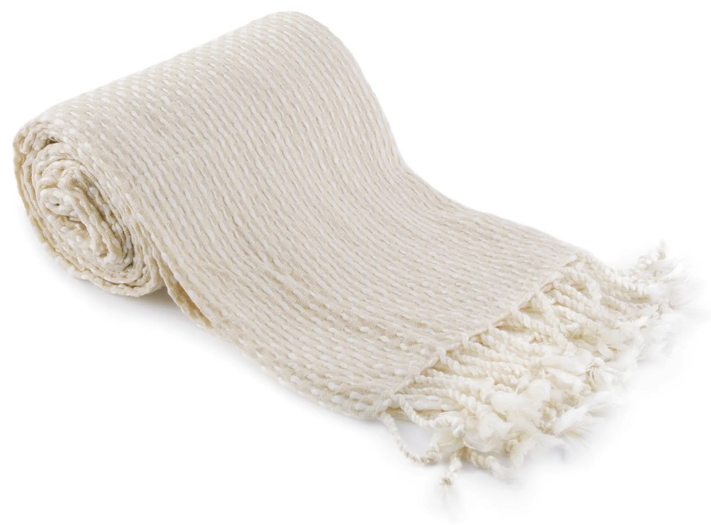 Kondela TEMPO-KONDELA TAVAU, pletená deka so strapcami, béžová/vzor, 150x200 cm