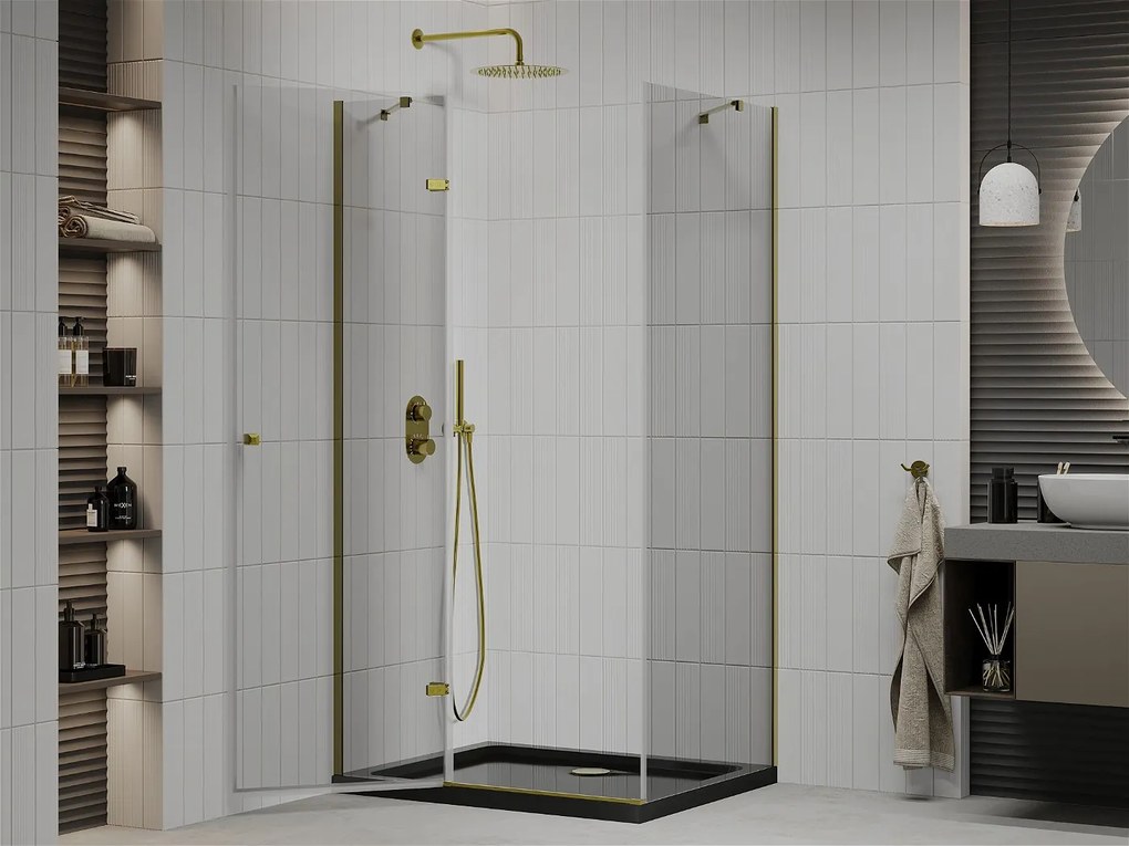 Mexen Roma, sprchovací kút s 1-krídlovými dverami 100 (dvere) x 80 (stena) cm, 6mm číre sklo, zlatý profil, slim sprchová vanička 5cm čierna, 854-100-080-50-00-4070G
