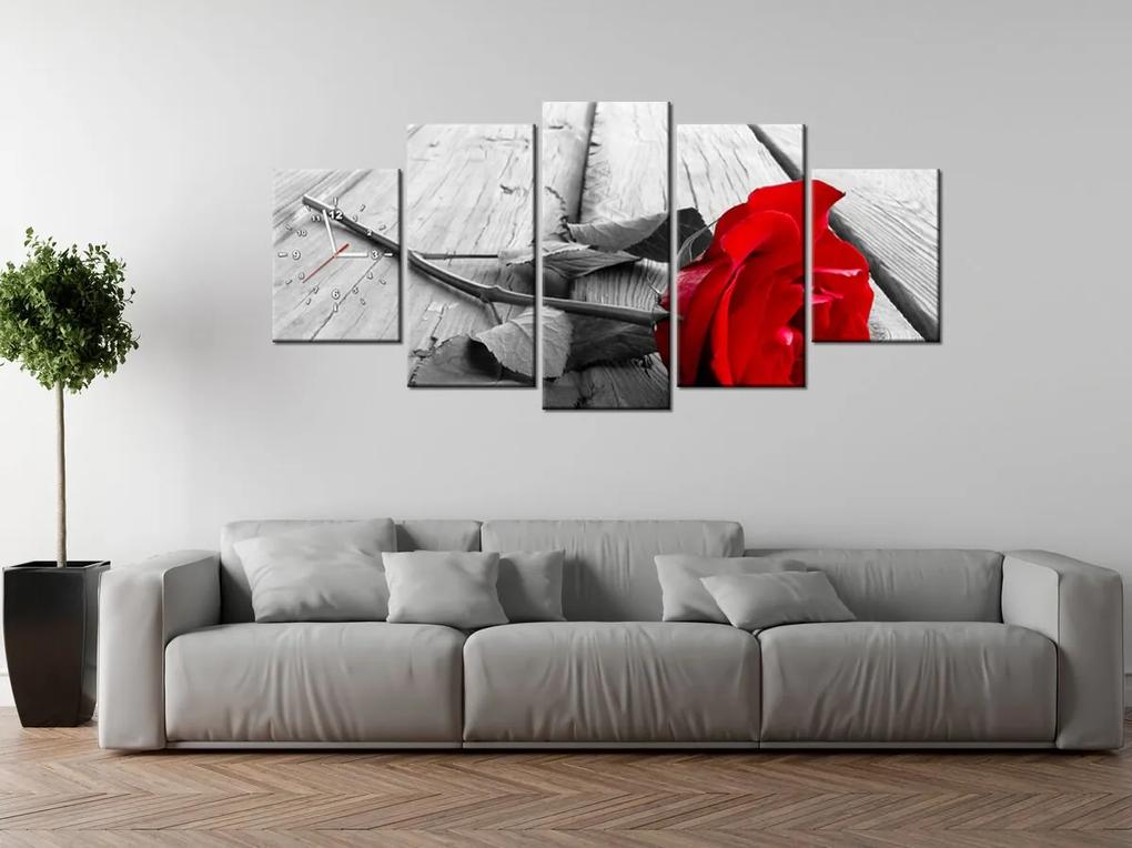 Gario Obraz s hodinami Červená ruža - 5 dielny Rozmery: 150 x 70 cm