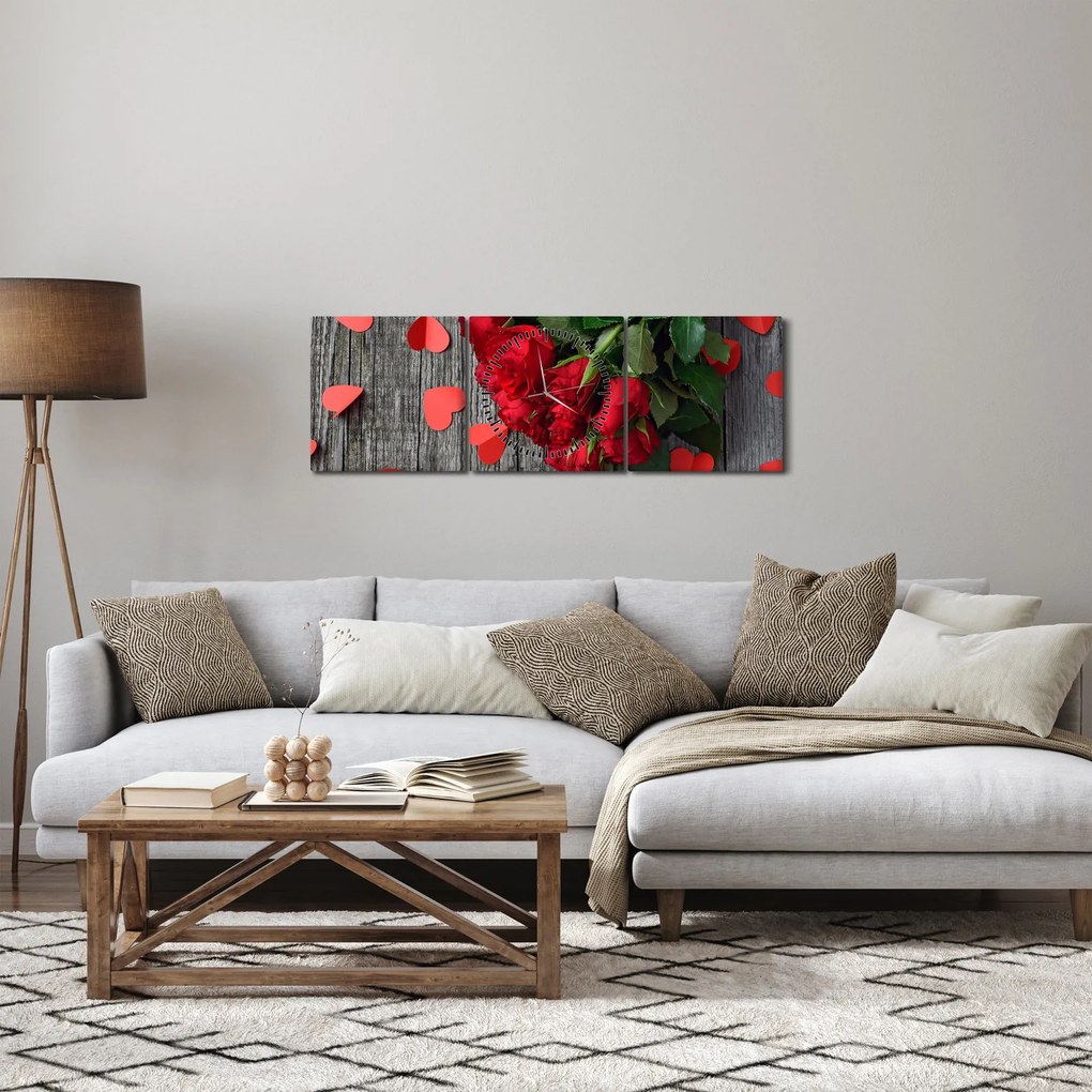 Obraz - kytica ruží (s hodinami) (90x30 cm)