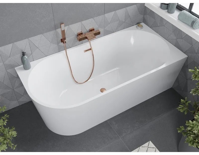 Mexen Mia, voľne stojaca rohová vaňa pravá 160 x 80 cm, biela, medený matný prepad, 52691608000P-65