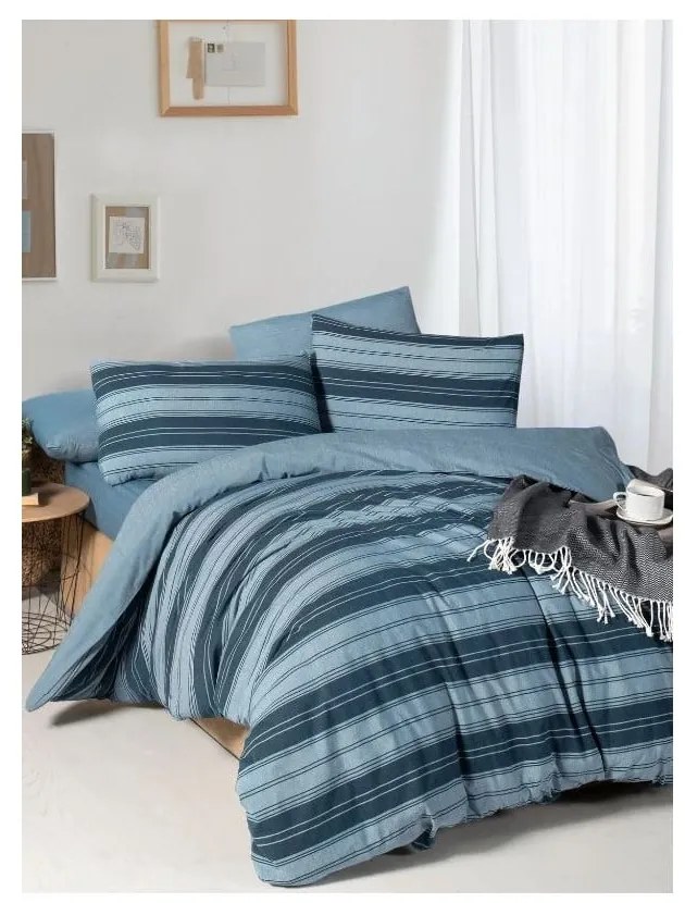 Modré 4-dielne predĺžené obliečky na dvojlôžko s plachtou 200x220 cm Stripes – Mila Home
