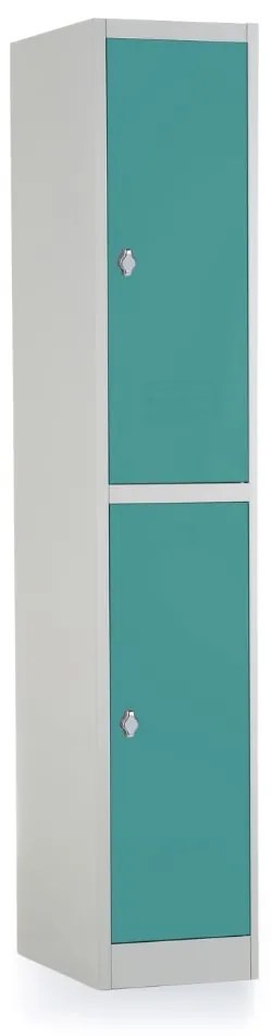 Kovová šatníková skrinka - 2 boxy, 38 x 45 x 185 cm, otočný zámok, zelená - ral 6033