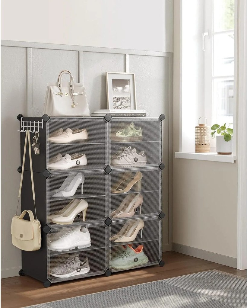 Skrinka na topánky, 6-priehradkový modulárny úložný organizér, čierny