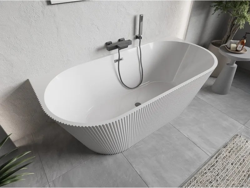 Mexen Oris, voľne stojaca ryhovaná vaňa 150 x 75 cm, biela lesklá, grafitový prepad, 52871507500-95