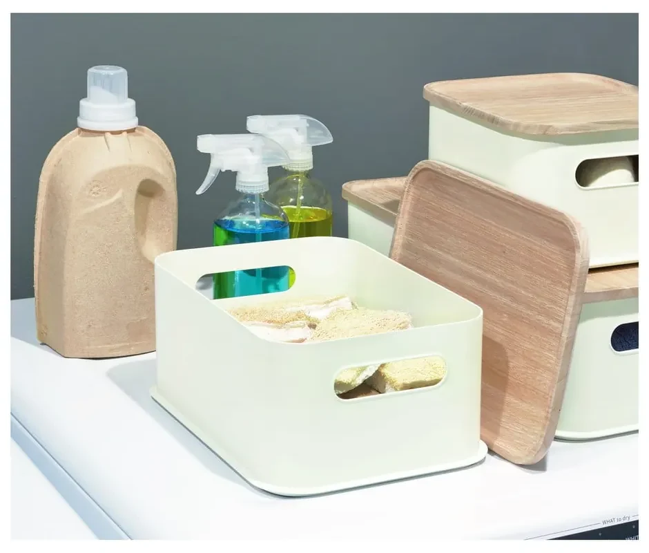 Biely úložný box s vekom z dreva paulownia iDesign Eco Handled, 21,3 x 30,2 cm