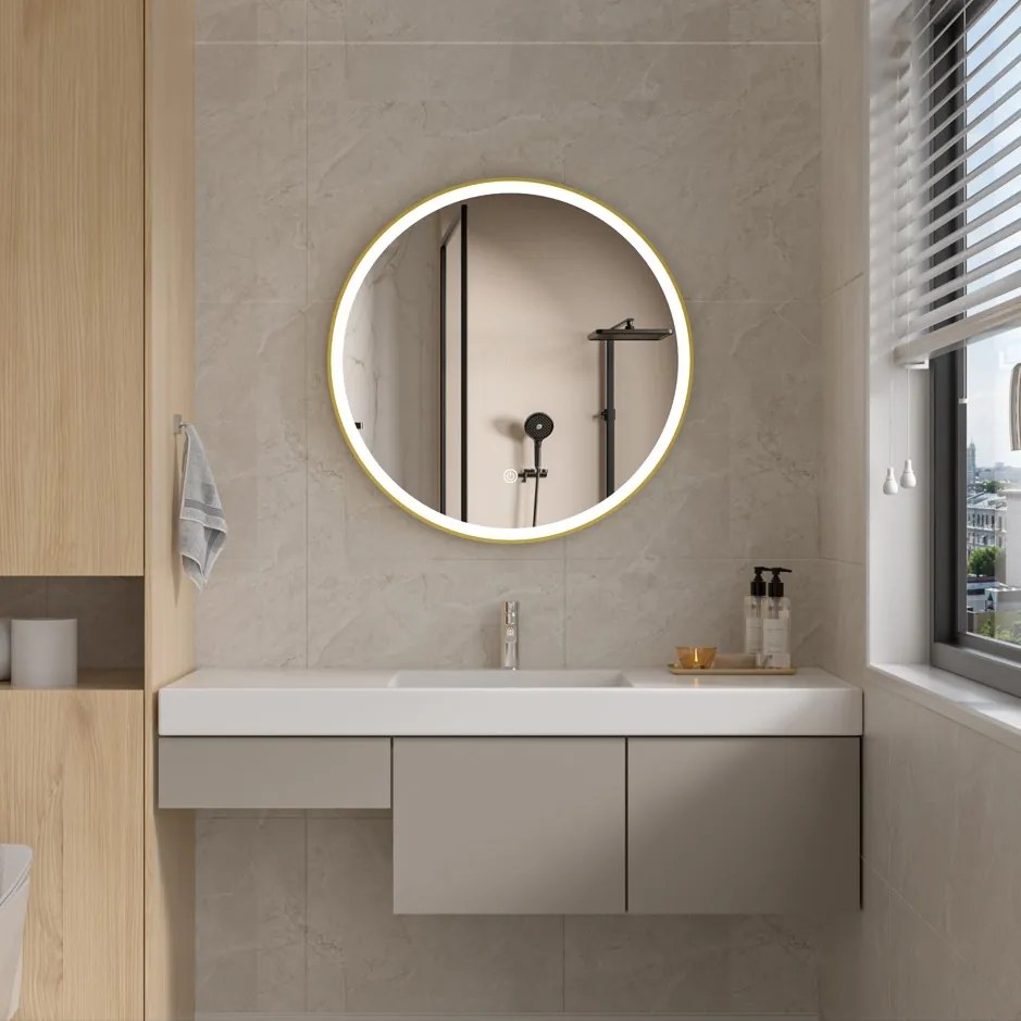 Erga Olivia, okrúhle LED zrkadlo 80cm, zlatý kovový rám, 1840 lm, 6500K, predné osvetlenie, ERG-V01-202-8080-GD