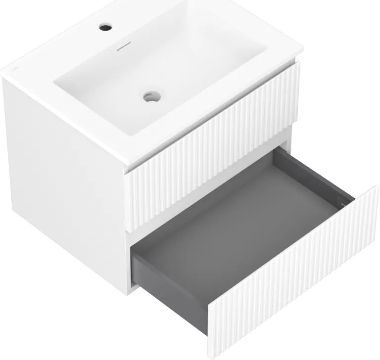Mexen Rivel, kúpeľňová skrinka 60 cm s umývadlom Otis, 2 zásuvky, drážkovaná, biela matná, 91A20-06047-2-BFF01-W18M01