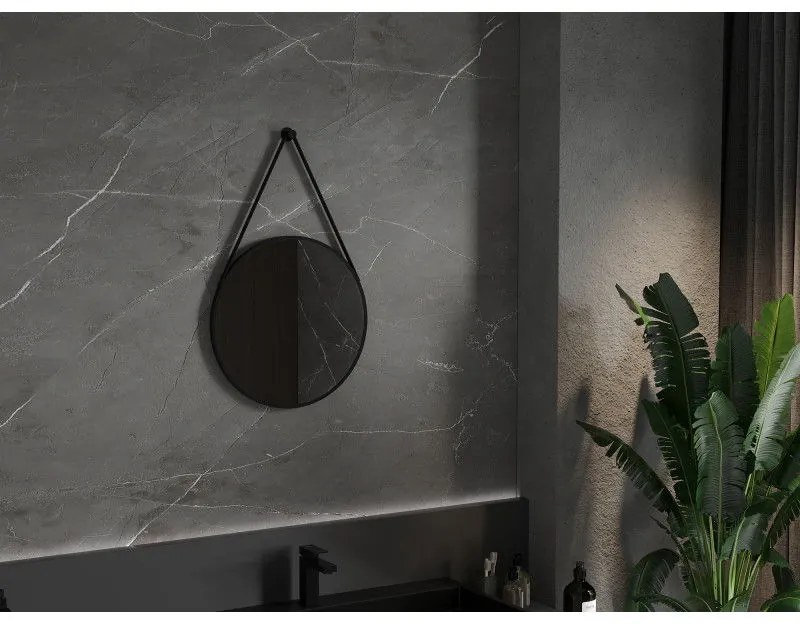 Mexen String, okrúhle kúpeľňové zrkadlo na pásiku 50 cm, farba rámu čierna matná, 9854-050-050-000-70