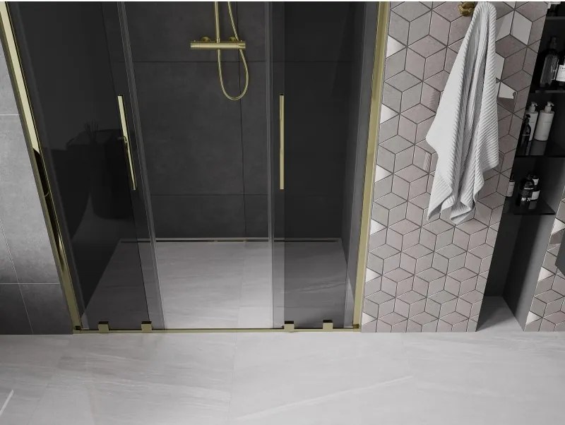 Mexen Velar L Duo, posuvné sprchové dvere do otvoru 150 cm, 8mm šedé sklo, zlatá lesklá, 871-150-003-42-50
