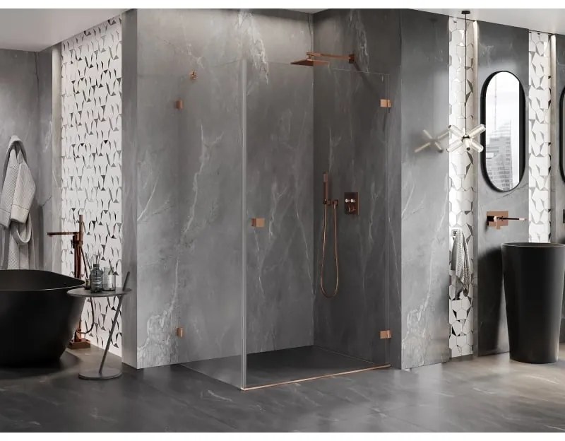 Mexen Lunar-B, pravostranný výklopný sprchový kút 90 x 70 cm, 8mm číre sklo, profil medená matná, 832-090-070-65-00-P