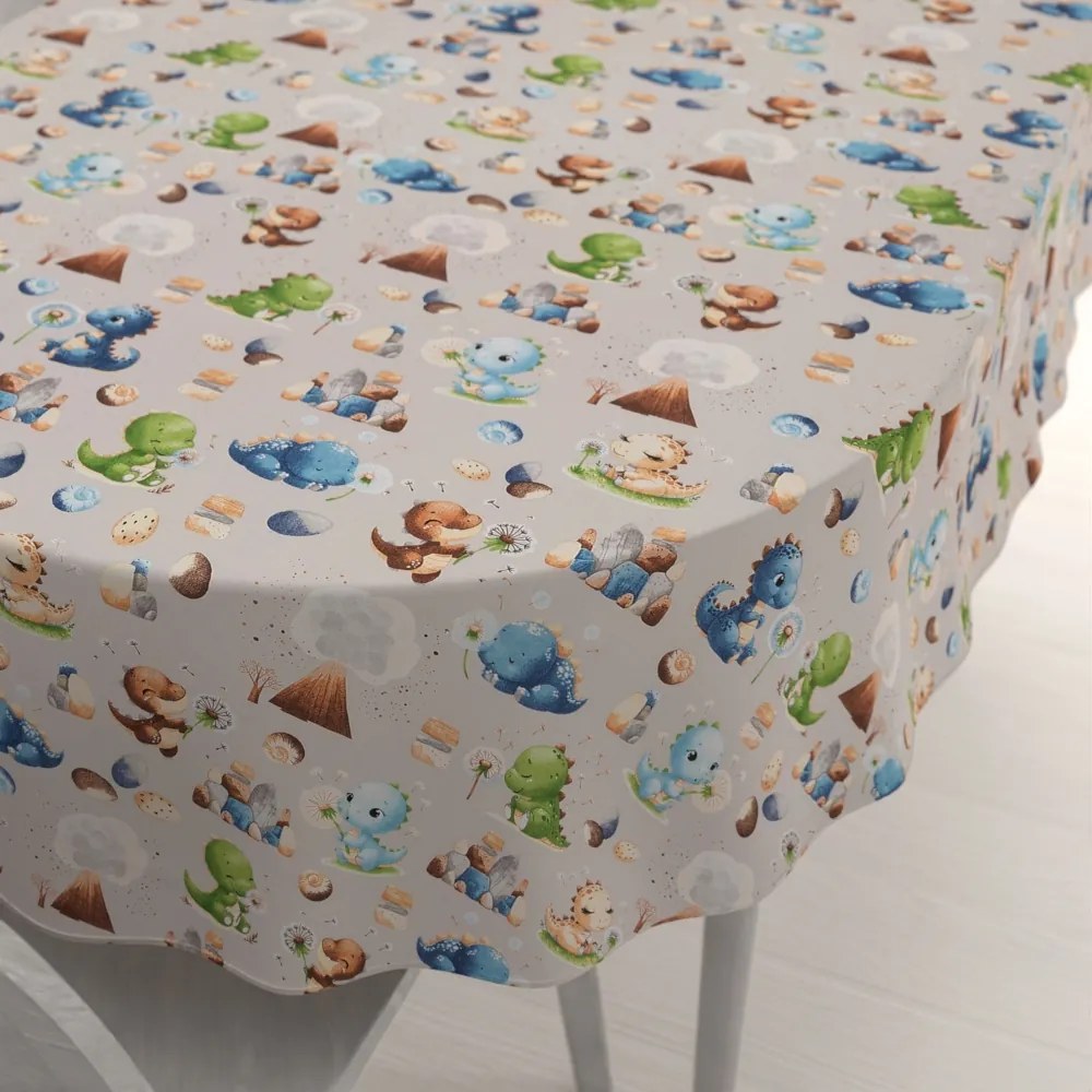 Biante Detský bavlnený oválny obrus Sandra SA-656 Modro-zeleno-hnedé dinosaury na svetlo sivom 60x100 cm