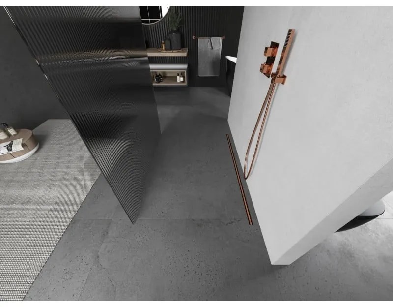 Mexen Kioto, sprchová zástena Walk-In 140 x 200 cm, 8mm sklo s rebrovým vzorom, medený matný profil, 800-140-002-65-09