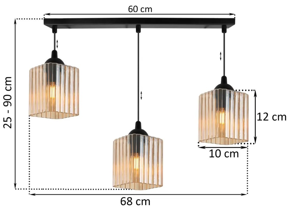 Závesné svietidlo Riffle Square, 3x medové sklenené tienidlo, b