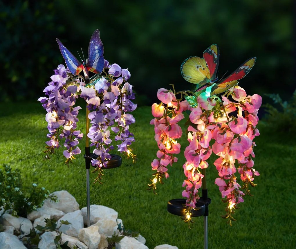 Die moderne Hausfrau Solárne záhradný zápich Kvet s motýľom, lila
