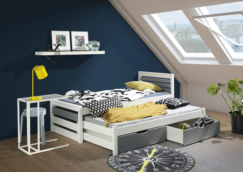 Detská posteľ z masívu borovice CALVIN s prístelkou a šuplíkmi - 200x90 cm - biela/sivá