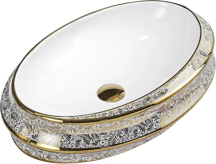 BPS-koupelny Keramické umývadlo na dosku HYD-YO-WH-MOD5-GL-600 60x40 cm, biele/zlatý dekor