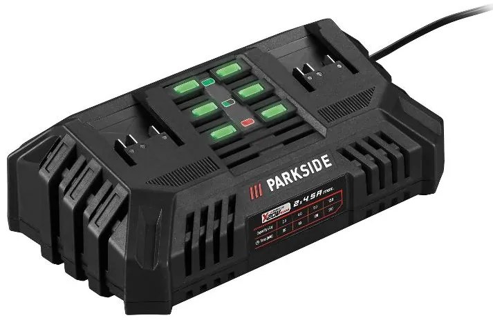 Parkside Performance® Aku ručná kotúčová píla Pphksa 40-Li A1 + Smart akumulátor 20 V/4 Ah Paps 204 B1, 2 kusy + Dvojitá nabíjačka 20V 4,5 A (800009110)