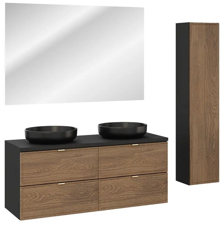 Koupelnová sestava s deskou, skříňkami, umyvadly a zrcadlem Talia Casella 120 cm černý mat/dub casella