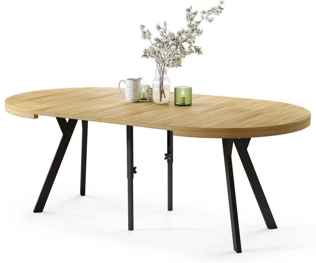 EXPANSO Dub Americký / čierne nohy - VEĽKÝ OKRÚHLY STÔL Ø110 ROZKLADACÍ AŽ DO 310 cm S NOHAMI Y LOFTOVÝ / INDUSTRIÁLNY