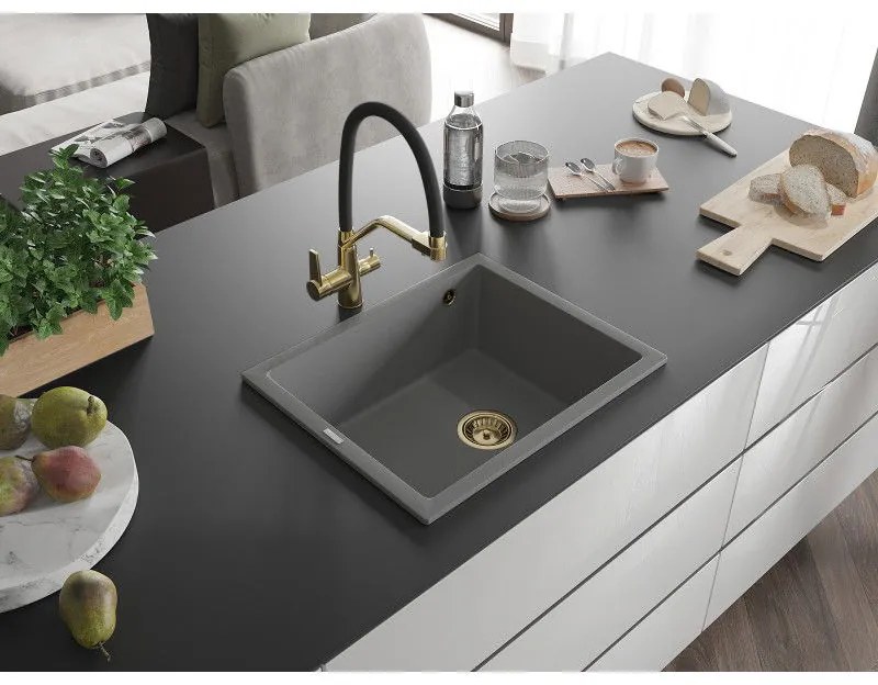 Mexen Pedro, granitový drez 560x460x200 mm, 1-komorový, šedá so zlatým sifónom, 6508561000-71-G