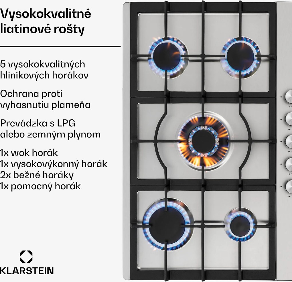 Klarstein Ignito 5 Zonen, plynová varná doska, 5 Sabaf horákov, nehrdzavejúca oceľ, strieborná